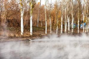 A breakthrough in a pipe with hot water, the water is pumped out onto the road using a pump and a fire hose, forming a vapor haze above the asphalt. photo