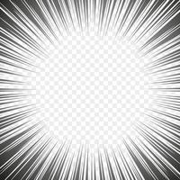 Comic manga radial lines with speed effect for comics book. Black and white explosion background. Flash ray blast glow. Vector frames.