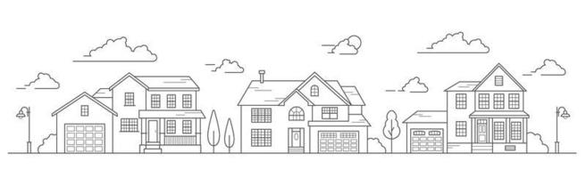 Landscape of the neighborhoods of the city, the houses of the suburbs residential area. A number of low-rise buildings of the village. Outline vector illustration.