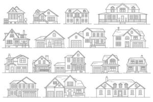 cabañas del barrio de la ciudad, las casas del barrio residencial de la periferia. edificios de poca altura del pueblo. conjunto de ilustración vectorial de contorno. vector