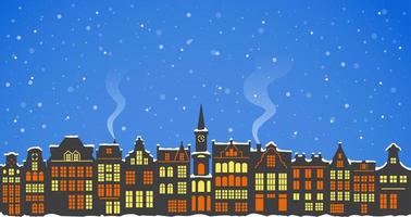 A silhouette of a number of houses in Amsterdam on a snowy night. Landscape of traditional dutch buildings in Netherlands for Christmas decor. Vector illustration.