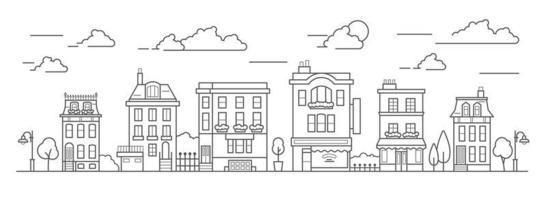Landscape in line art style. Outline street with houses, building, tree and clouds. Cafe, pharmacy, hotel and bus stop. Vector