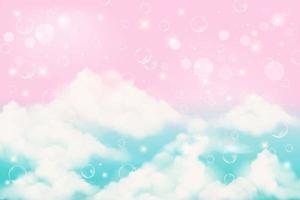 Holographic fantasy rainbow unicorn background with clouds and bubbles. Pastel color sky. Magical landscape, abstract fabulous pattern. Cute candy wallpaper. Vector. vector