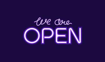 We are open sign or open sign using purple neon lights . neon text design . vector illustration
