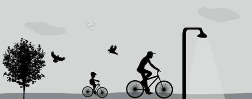 Family Riding Bikes in the Park. Vector Illustration.