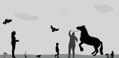 People Walk on, Connie, Birds Fly in Nature. Vector Illustration