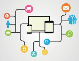 concepto de computación en la nube en diferentes dispositivos electrónicos. vector