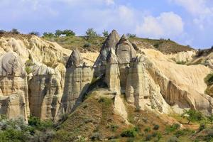 Huge old, conical and weathered rocks in the honey valley of Cappadocia under the harsh day sun