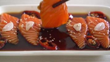 Salmon marinated shoyu or salmon pickled soy sauce in Korean style video