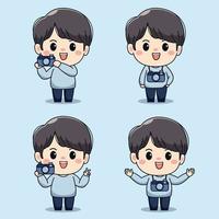 Set of cute photographer boy holding camera Cartoon kawaii chibi vector illustration