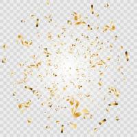 Confetti and streamer ribbon falling on transparent background. Falling shiny gold confetti. vector