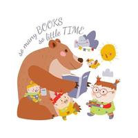 A brown bear reading a book to children. The big bear is reading a book to his friends. A little girl is carrying books. Vector illustration on white background in cartoon style. Isolate.