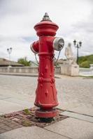 Single red fire hydrant standing on the pavement. photo