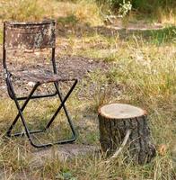 A canvas folding tourist chair sits next to a makeshift table in the form of a wooden stump. photo