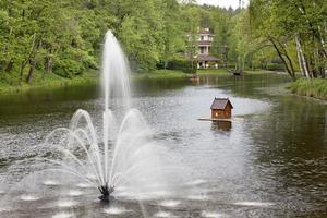 Fountain in the middle of the pond and floating duck houses in the picturesque park photo