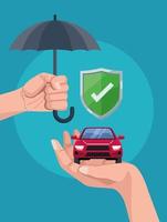 hands with car and umbrella vector