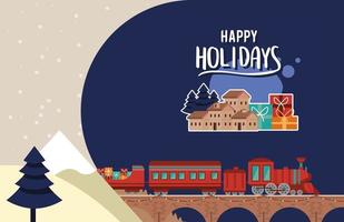 christmas train and houses vector