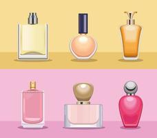 six perfumes bottles icons vector