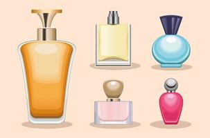 cinco iconos de botellas de perfumes vector