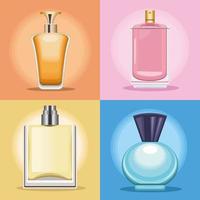 cuatro iconos de botellas de perfumes vector