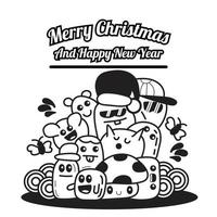 blanco y negro lindo monstruo doodle art celebrando navidad y año nuevo vector