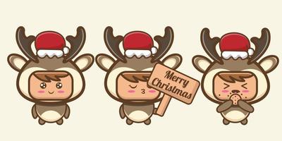 cute character wearing deer costume celebrating christmas vector