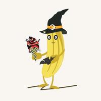 Banana goes to Halloween. Witch hat with bat in hand. vector