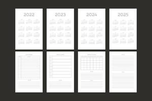 2022 2023 2024 2025 calendario y plantilla de diario de planificador personal mensual semanal diario. calendario mensual calendario individual diseño minimalista para cuaderno de negocios vector