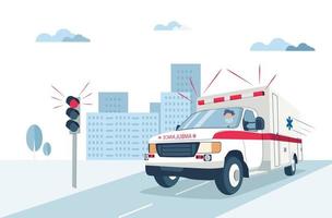 Ambulance emergency car runs a red traffic light on the road in the city. Medical concept flat design. Vector illustration.