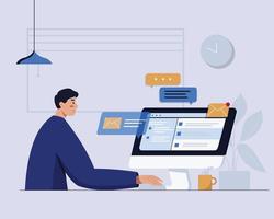 man working on on computer. Busy man at workplace flat vector illustration.