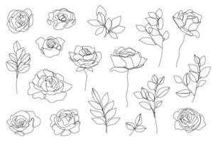 Vector set of hand drawn, single continuous line flowers, leaves. Art floral elements. Use for t-shirt prints, logos, cosmetics and beauty design elements.