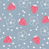 Doodle strawberries and flowers seamless pattern. vector