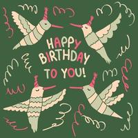 Dibujado a mano feliz cumpleaños colibríes voladores patrón. vector