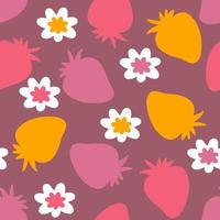 Hand drawn silhouette strawberries and flowers seamless pattern. vector