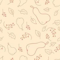 Hand drawn seamless pattern with pears, leaves and berries. Perfect for T-shirt, textile and print. Doodle vector illustration for decor and design.