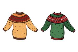 Set of knitted sweaters with a pattern. sweet home, cozy mood. Hand drawn vector illustration in doodle style isolated on white background.