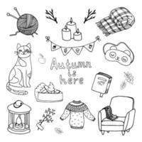 Autumn design element set. Cat, scarf, candles, sweater, pie, lantern, sleep mask fall icon. Hygge, cozy time. Hand drawn vector illustration in doodle style outline drawing isolated on white