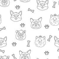 Los perros pequeños peludos y esponjosos crían pomeranian, pug, bulldog, corgi de patrones sin fisuras. textura de cachorro de animal de dibujos animados. Fondo de vector para libro de colorear, estampado de camisetas, juego, textil, envoltura.