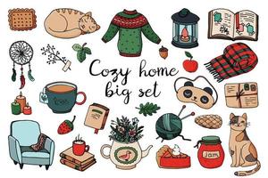 Cozy home design element set, sticker pack. Cat, scarf, candles, sweater, pie, lantern, sleep mask icon. Hygge, autumn mood. Hand drawn vector illustration in doodle style isolated on white