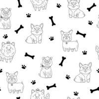 Los perros pequeños peludos y esponjosos crían pomeranian, pug, bulldog, corgi vector de patrones sin fisuras. textura de cachorro de animal de dibujos animados.