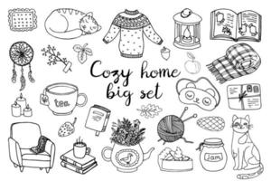 Cozy home design element set. Cat, scarf, candles, sweater, pie, lantern, sleep mask icon. Hygge, autumn mood vector