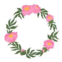 Romantic wreath pink peonies with green leaves. Card template. Isolated flower composition. Vector illustration for wedding invitation, patterns, wallpapers, fabric, wrapping.