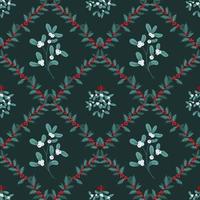 Vector Christmas seamless pattern with branches of mistletoe and ilex, holly. Design for fabric, wrapping paper, print, holidays decoration. Winter plants and berries template.