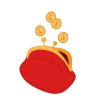 Gold coins falling into retro wallet. Dollars falling into an open purse. Money saving, growth, income, investment concept. Symbol of wealth. Business success. Flat cartoon style vector illustration.