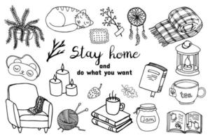 Coronavirus, Covid-19, Stay Home, work at home design element set. Pandemic protection. Quarantine positive doodle icon, home elements. Hand drawn vector illustration outline drawing isolated on white