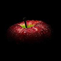 Water droplet on glossy surface of red apple on black background photo