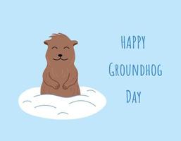 Groundhog day greetinag card. Happy cute groundhog looking out of burrow and smiling. Vector flat illustration with text