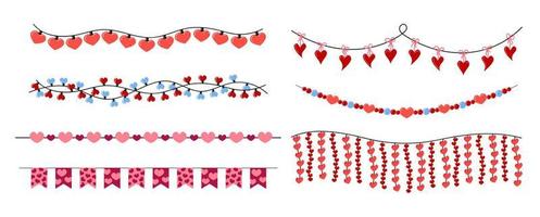 Valentines Day garlands set. Hanging hearts decorations isolated. Valentine party lights and flags. Vector flat garlands collection