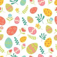 Easter spring garden seamless pattern with different flowers and eggs Flat vector illustration