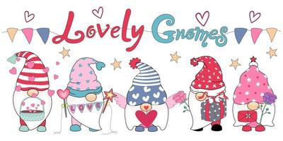 Vector illustration lovely gnomes characters in red and pink tones designed with doodle style